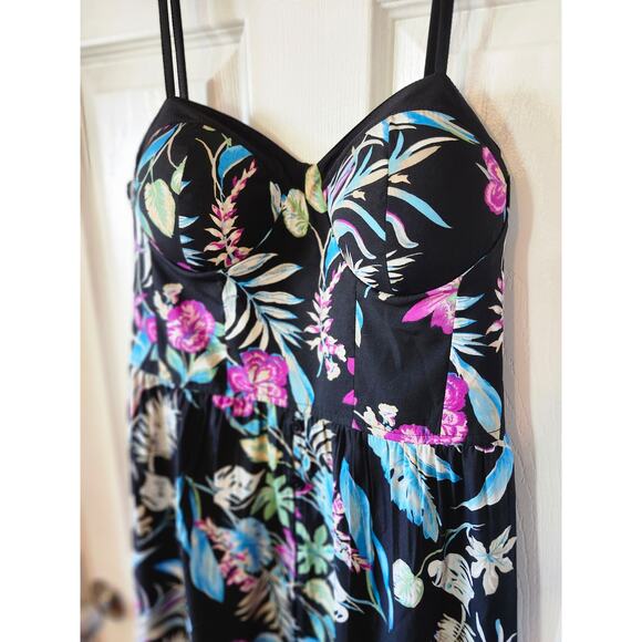 Chance Destiny Medium Black Tropical Spaghetti Strap Dress Neon Ruffle - Picture 3 of 11